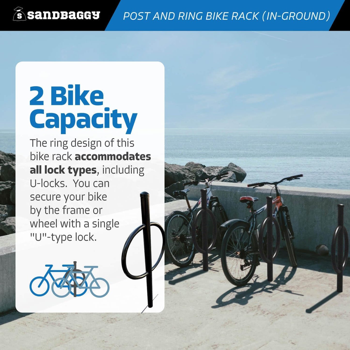Sandbaggy Post and Ring Rack - In Ground - Commercial Outdoor Bike Parking & Storage Racks (White, 10)