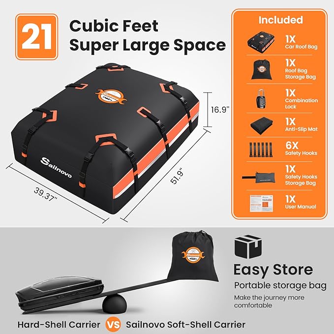 Sailnovo Car Rooftop Cargo Carrier 21 Cubic Feet, Waterproof 1000D PVC Car Roof Bag with Anti-Slip Mat, Combination Lock, Storage Bag, Door Hooks & Tie-Down Strap fit Vehicle with/Without Luggage Rack
