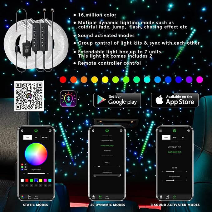 AKEPO MIni Size 6-Hole 3.2W RGB Multiple Color Chasing Fiber Optic Light Kit, 13.1ft 720pcs*0.75mm/0.03in Optical Fiber APP Control Mixed Color Timer Function Car Home Use Starlight Headliner Light