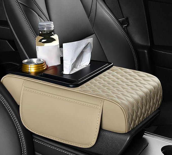 Car Armrest Center Console Cover for Cadillac Escalade 1999–2025, Center Console Pad with Cup Holder, Multifunctional Armrest Cushion,E Beige