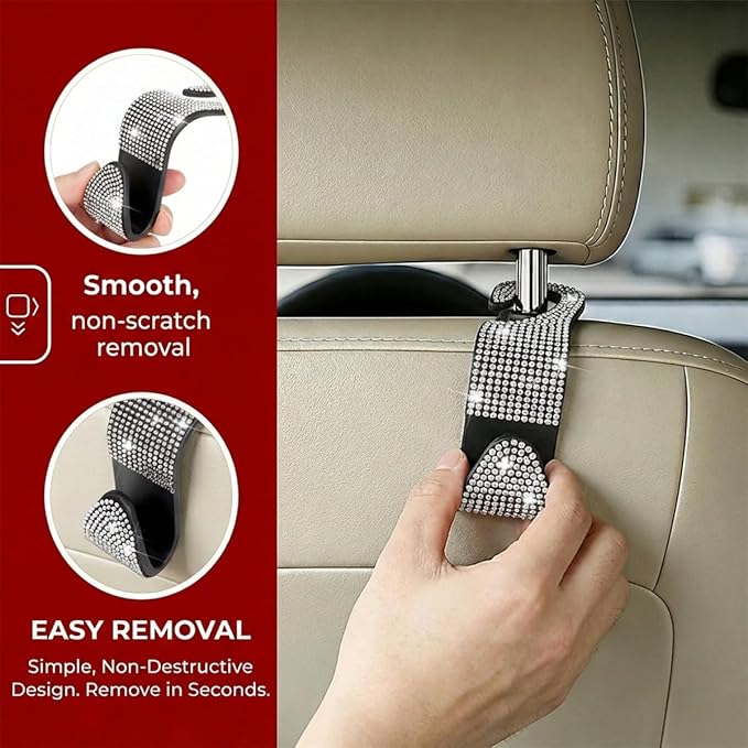 4PCS Bling Car Seat Headrest Hooks, Crystal Rhinestone Vehicle Back Seat Hanger Holder, Auto Interior Headrest Hanging Storage Organizer for Purse Handbag Coat, Universal Fit (AB Color)