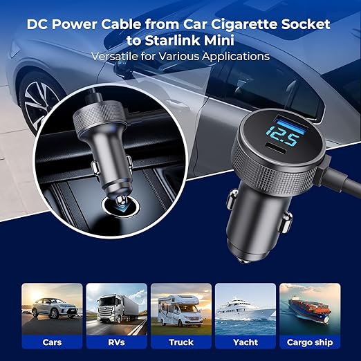 Starlink Mini Cable, 3 in 1 Starlink Mini Car Charger DC Power Cable+ Cigarette Lighter Adapter 12V-48V with Digital Display, Durable USB C PD 40W and USB A 35W Ports for Trucks and Cars (16.4FT)