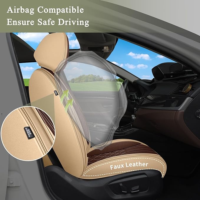 Breathable Car Seat Covers for Nissan Rogue 2010-2023 2025 2026, Front Seats, Perforated Leather, Seat Protector, Interior Trim for Nissan Rogue Accessories (Beige&Brown)