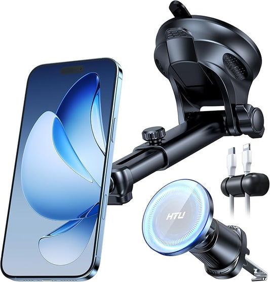 【Military-Grade】HTU for MagSafe Car Mount【Upgraded Strongest Suction】Magnetic Phone Holder Cell Stand for Dashboard Windshield Vent,Truck Cradle for iPhone 17 Pro Max 16 15 14 13 12 Tesla,Silver Gray