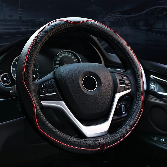 Valleycomfy Steering Wheel Covers Universal 15 inch - Genuine Leather, Breathable, Anti Slip & Odor Free (Black with Red Lines, M(14" 1/2-15" 1/4))