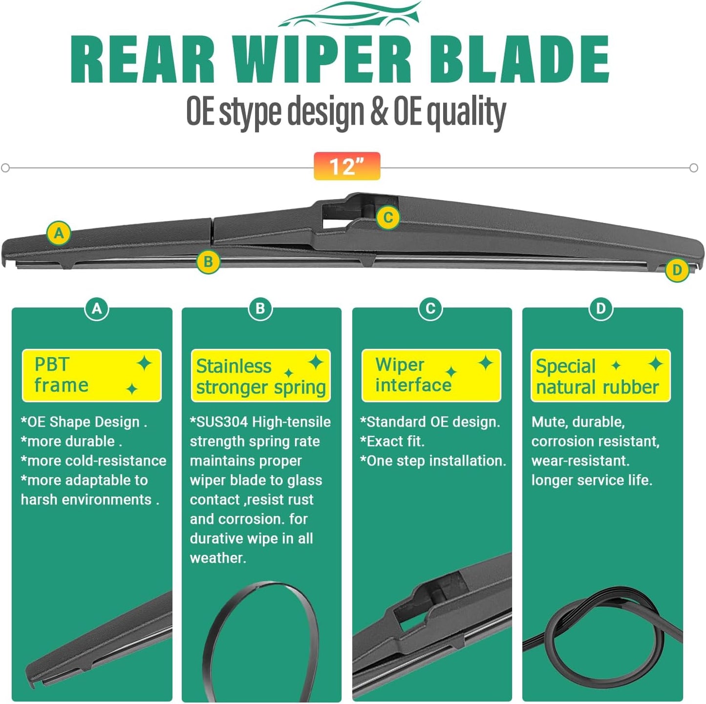 26" 20" 12" Windshield Wiper Blades Replacement for Toyota Highlander 2008-2019 Premium All Weather Front Rear Wipers Set - OEM Quality (Pack of 3)
