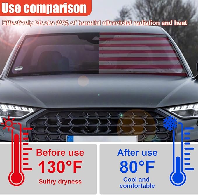 American Flag Car Windshield Sun Shade, Foldable Car Front Window Sunshade for Cars SUV Truck, Auto Interior Sun Protection Cover, Blocks UV Rays & Keeps Your Vehicle Cool (Red, L)