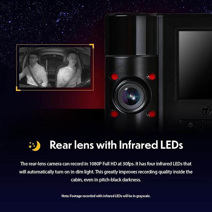 Transcend DrivePro Dash Cam Front and Rear, 2K QHD 1440P+1080P Full HD Car Cam/140°Wide-Angle/180°Rotatable Rear Lens/Night Vision Loop Recording/Head-Up Display/Wi-Fi/GPS GLONASS/ADAS/Support 1TB Max