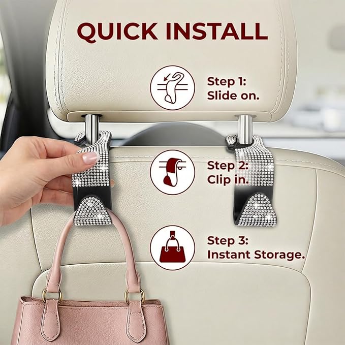 4PCS Bling Car Seat Headrest Hooks, Crystal Rhinestone Vehicle Back Seat Hanger Holder, Auto Interior Headrest Hanging Storage Organizer for Purse Handbag Coat, Universal Fit (Lake Blue)
