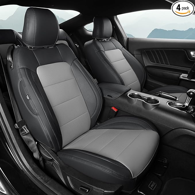 GIANT PANDA Customized Full Set Car Seat Covers Fit Ford Mustang Coupe Hardtop 2015 2016 2017 2018 2019 2020 2021 2022 2023 2024 2025 2026- (Black+Grey)