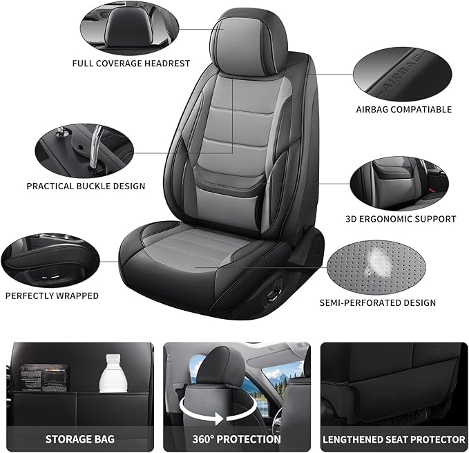 Car Seat Covers Full Set Custom Fit for Chevrolet/Chevy Malibu 2000-2025 2026 - Premium Faux Leather with Lumbar Support, Breathable, Waterproof, Anti-Slip, Easy to Install (Black&Gray, Full Set)