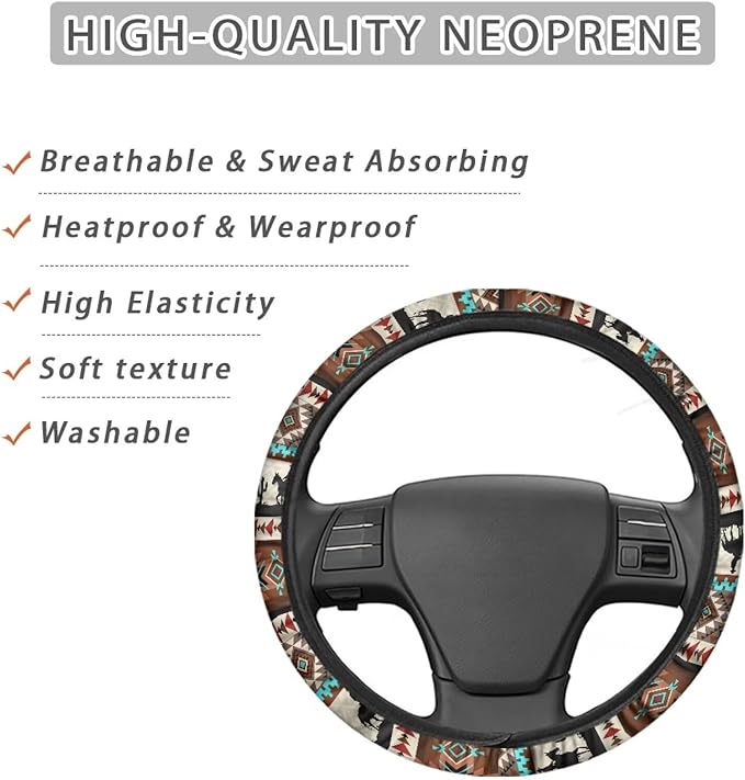 SEANATIVE Western Aztec Horse Universal Steering Wheel Cover, Silicone, 15 inches, Non-Slip, Soft, Easy to Disassemble