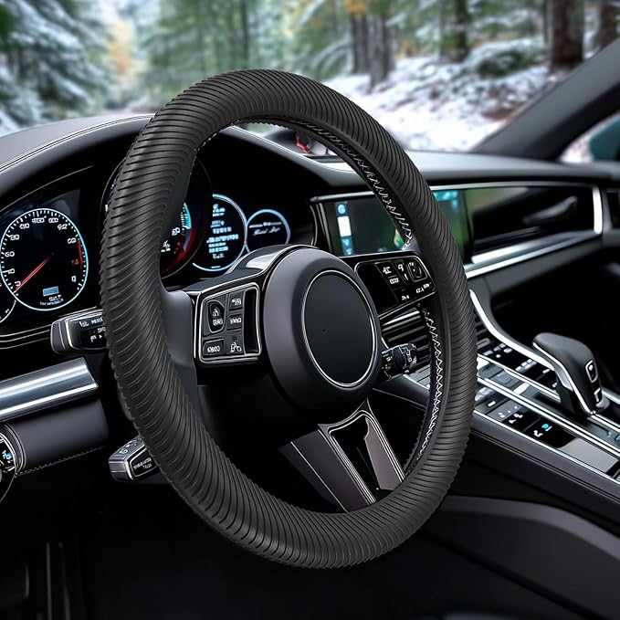 WOCOCN Car Steering Wheel Cover, Thin Anti-Skid Silicone Steering Wheel Cover for Men & Women, Universal Automotive Interior Accessories for Most Cars (Black)