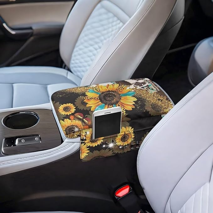 Wanyint Aztec Sunflower Leopard Cow Print Auto Center Console Cover Non-Slip Soft Armrest Storage Box Mat Scratch Resistant Middle Console Cover Arm Rest Pad Car Interior Decor Accessories