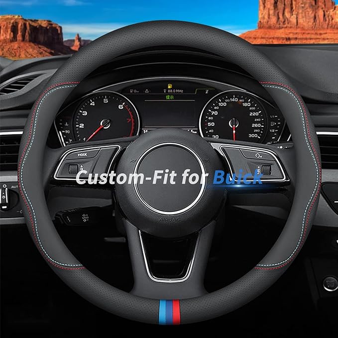 Custom-Fit for Buick Steering Wheel Cover, Premium Leather Car Steering Wheel Cover with Logo, Non-Slip, Breathable (C-Style,for Buick)