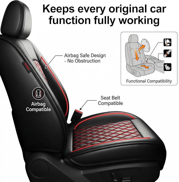 Fit Elantra Car Seat Covers for Hyundai Elantra 2017-2025 2026 - Premium Leather, Waterproof, All-Weather, Airbag Compatible, Anti-Slip, Breathable, Seat Protectors, Full Set, Redline