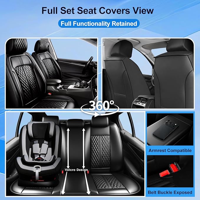 Fit Sonic Car Seat Covers for Select Chevrolet/Chevy Sonic 2012-2020 - Premium Full Coverage Leather, Airbag Compatible, Waterproof & All Weather Seat Cushion Protector, Full Set, Black