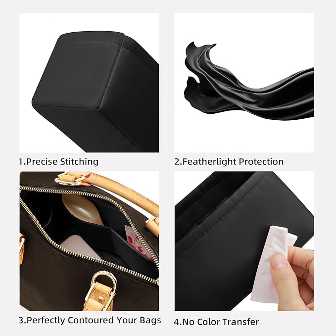DGAZ Silk Purse Organizer Insert Fits LV Speedy 16/20/25/30/35/45 bags，Silky Smooth Bag Organizer，Luxury Handbag & Tote Shaper（Black，SP20）