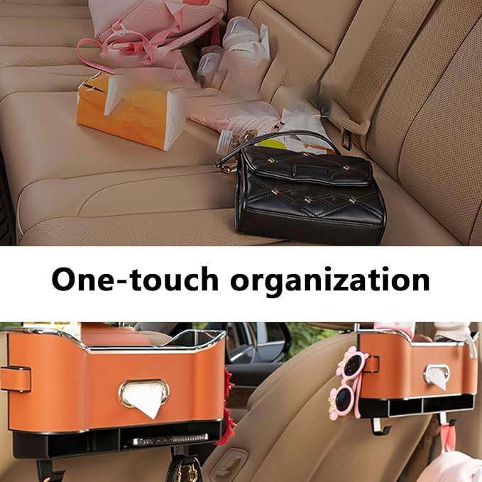 Multifunctional Car Seat Back Storage Box, Multifunctional Car Logo Seat Back Storage Box, Universal back seat car organizer, Car Tissue Organizer Back Seat with 2 Drink Cup Holder (White)