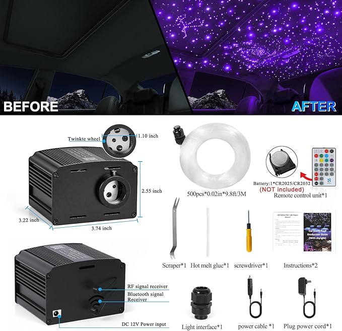 Car Starlight Headliner Kit, Twinkle & Sound Activated RGBW 16W 500pcs*0.02in*9.8ft Fiber Optic Starlight Kit with APP& Remote Controlled, Star Lights for Ceiling Car Roof/Home Theater