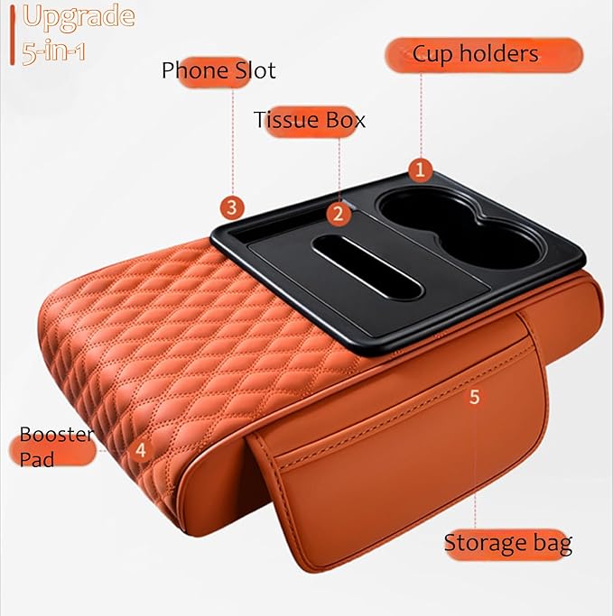 5-in-1 Car Armrest Pad Cushion, Water Ripple Embossed Center Console Booster Pad with Tissue Box, Cup Holder, Storage Bag, Phone Slot, Fit for Most Sedan Vehicles (Water Ripple Series, Burgundy)