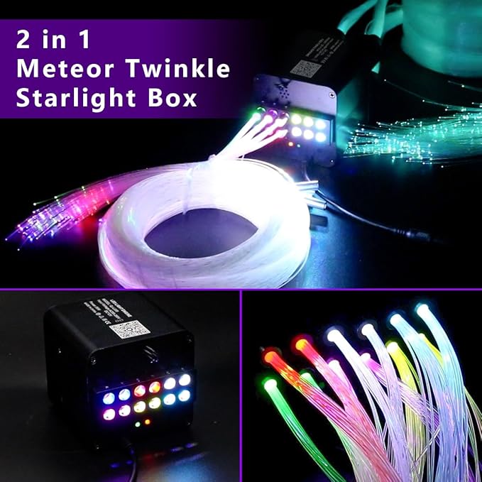 AZIMOM 4Colors 2 in 1 Meteor Twinkle Fiber Optic Starlight Headliner Kits Mixed1720pcs 13.1ft Fiber Strands,RGB Meteor Shooting Star 240pcs, Sound Remote APP Control Home Ceiling Car Headliner Decor