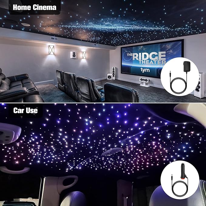 CHINLY 16W 650pcs 0.03in 13.1ft Fiber Optic Lights Star Ceiling Headliner Light Kit, APP Car Use Bluetooth RGBW LED, Remote Music Mode Optical Fiber+Adapter+Cigarette Lighter for Car/Home Theater