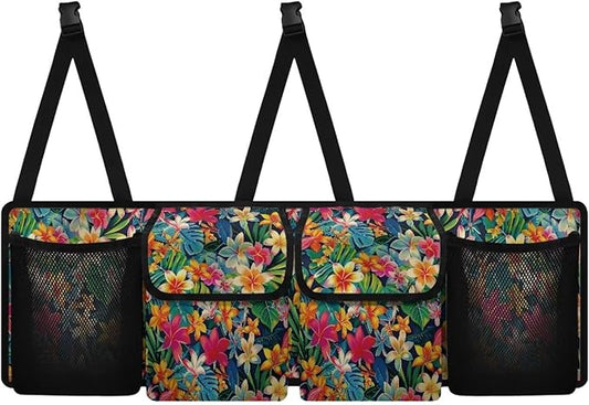 Colorful Tropical Flower Car Trunk Organizer, Large Capacity Auto Backseat Hanging Storage Bag with Adjustable Strap & 4 Pockets, Car Back Seat Cargo Bag, Car Interior Accessories
