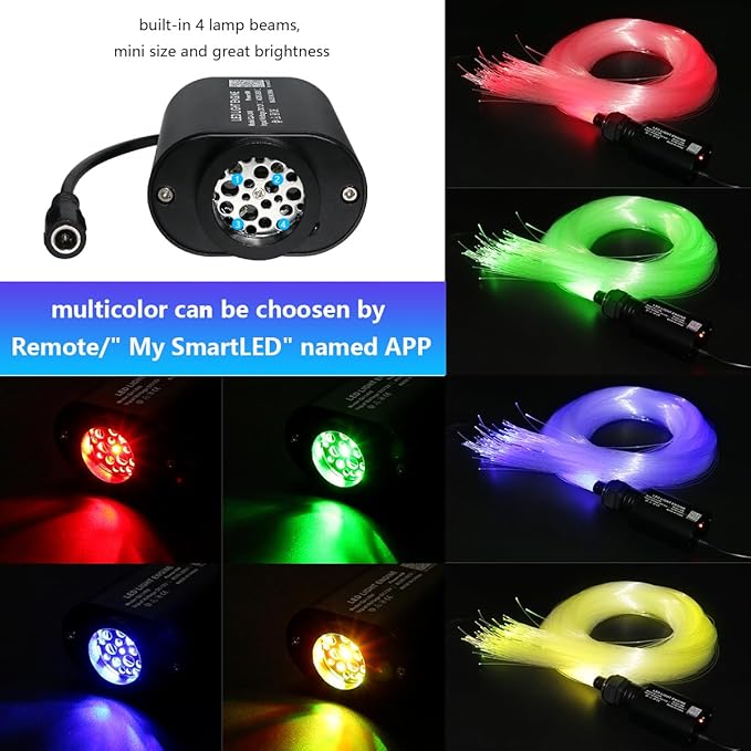 AMKI Mini 6W Starlight Headliner Kit 300pcs 0.03in 9.8ft,Twinkle+Sound Activated Fiber Optic Light 4Lamp Beam Starlight Box APP/Remote Control for Car Home Star Ceiling Decoration