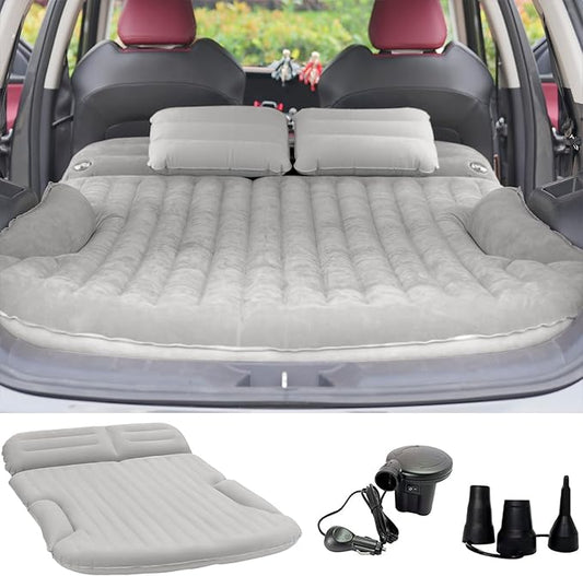 KMZ SUV Air Mattress Thickened and Double-Sided Flocking Travel Camping Bed with 2 Pillows & Pump Dedicated Mobile Cushion Inflatable Bed for SUV Trunk and Rear Seat (Light Gray)