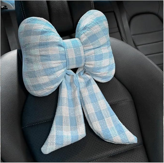 Bow Car Headrest Pillow, Breathable Memory Foam Vehicle Neck Pillow with Adjustable Strap, Ergonomic Auto Neck Support Cushion for Pain Pressure Relief, Universal for Most Cars (Blue/Grid)