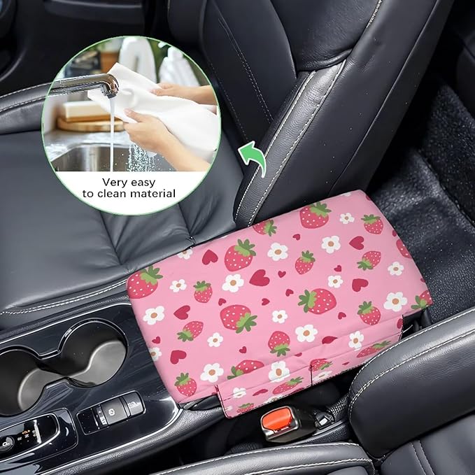 Dreaweet Car Center Console Cover Cute Strawberry Arm Rest Cover for Car Women Soft Thick Center Console Armrest Pad with Pockets Soft Comfortable Car Armrest Storage Box Mat
