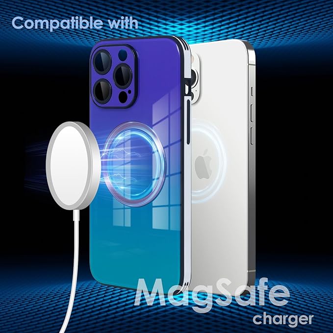 Guppy Compatible with iPhone 14 Pro Max Case Magnetic, with Full Camera Lens Protector [Compatible with MagSafe] Scratch Resistant Gradient Glass Back Cover Phone Case-Purple