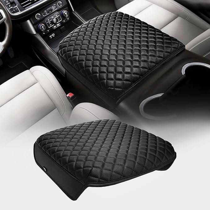 KBH Center Console Armrest Cover for Chevy Chevrolet Silverado & GMC Sierra 2019-2026, Tahoe & Suburban & Yukon 2021-2026, Bucket Seat Only, Vinyl Leather Car Arm Rest Box Cushion Pad Covering, Black