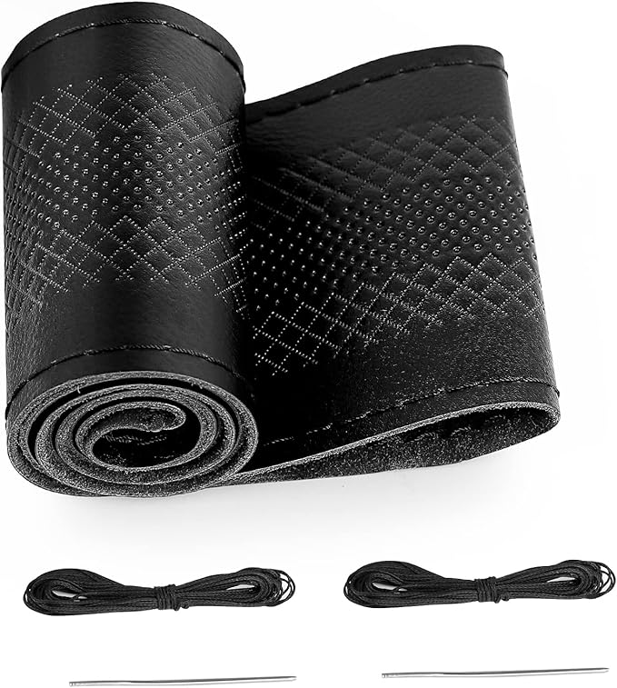 BELINOUS Leather Steering Wheel Cover Lace Up, Embossed Steering Wheel Wrap Fit for 13 3/4-16 Inch Car, Stitch on Wrap DIY w/Needle Thread (Size L1, Black)