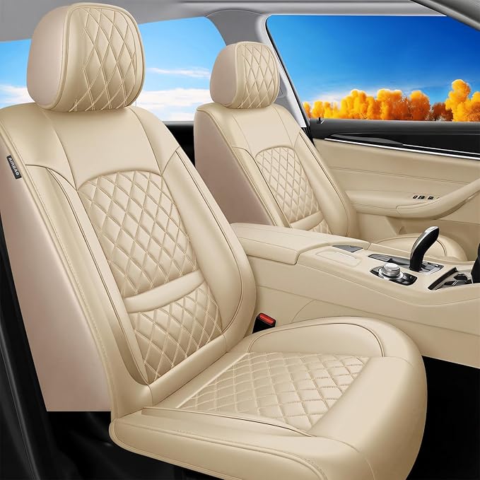 Fit for Accent Seat Covers Compatible with Hyundai Accent 2017-2026 - Waterproof Breathable Leather Automotive Seat Cushions Protector,Airbag Compatible,Full Set 5 Seats(Beige)