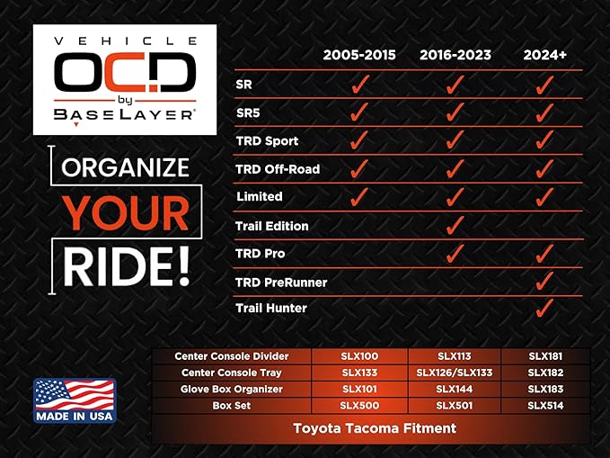 Vehicle OCD - Center Console Organizer for Toyota Tacoma (2016-2023) - Made in USA - SLX113