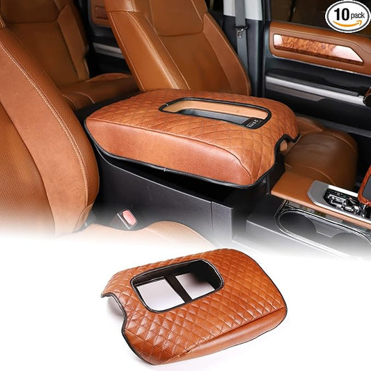 Aunginsy Leather Center Console Armrest Cover Compatible with Toyota Tundra 2014-2021, Car Armrest Pad Seat Box Cover Cushion Lid Anti-Scratch Protector Waterproof Plaid Brown Interior Accessories