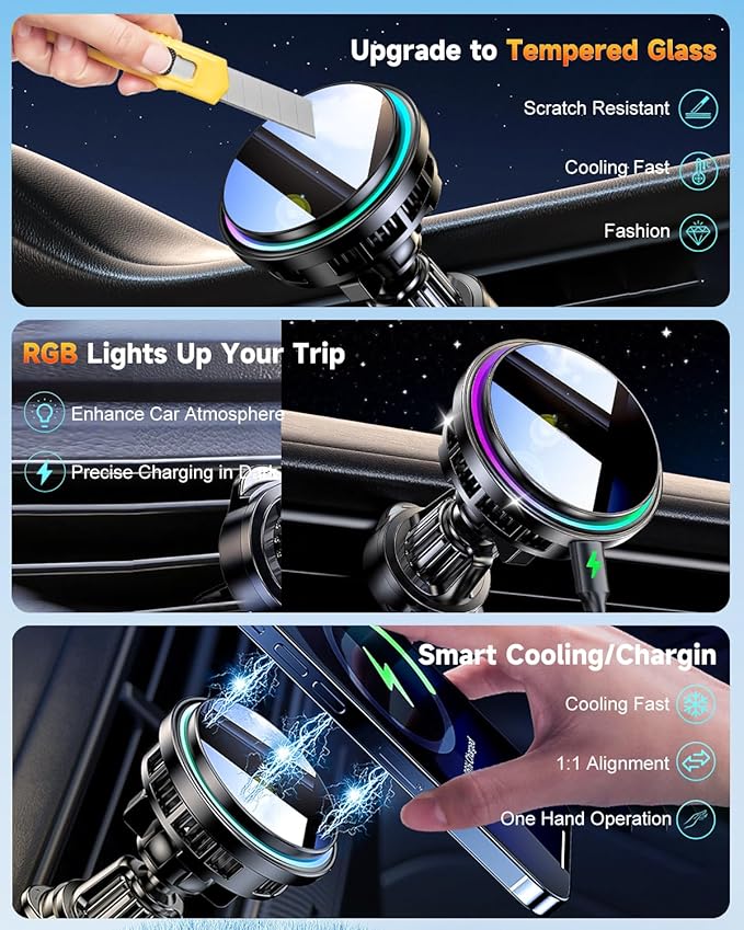 for MagSafe Car Mount Charger, TEC & Fan Dual Cooling Magnetic Wireless Car Charger, Strong Magnet 15W Fast Charging Air Vent Car Phone Holder Bracket for Your Car for iPhone 17 16 15 14 13 & Android