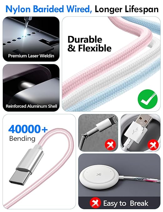 1Pack Multi Charging Cable Cord for Travel Essentials,Apple Watch Charger,iPhone Charger,[3-in-2] Type C/LCable Portable Designed for iWatch,iPhone 17-8,Galaxy S25-21,AirPods,iPad-4FT Pink
