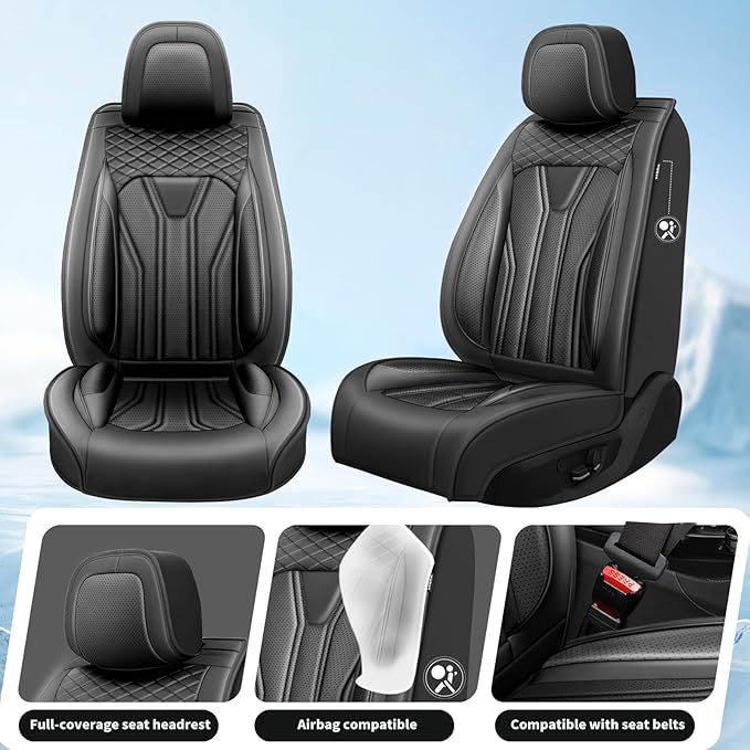 Fit Versa Car Seat Covers Compatible with Nissan Versa 2008-2025 2026 - Premium Leather， Waterproof Breathable， All-Weather Seat Cushion Protecto&Airbag Compatible (2 Front Seat All Black)