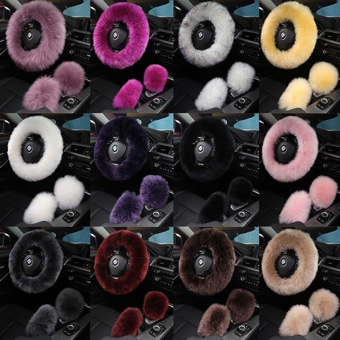 3Pcs Set Fashion Fluffy Fuzzy Wool Fur Soft Car Steering Wheel Cover with Handbrake Cover & Gear Shift Cover for Women/Girls/Ladies Auto Long Wool Accessories, White Black Tip