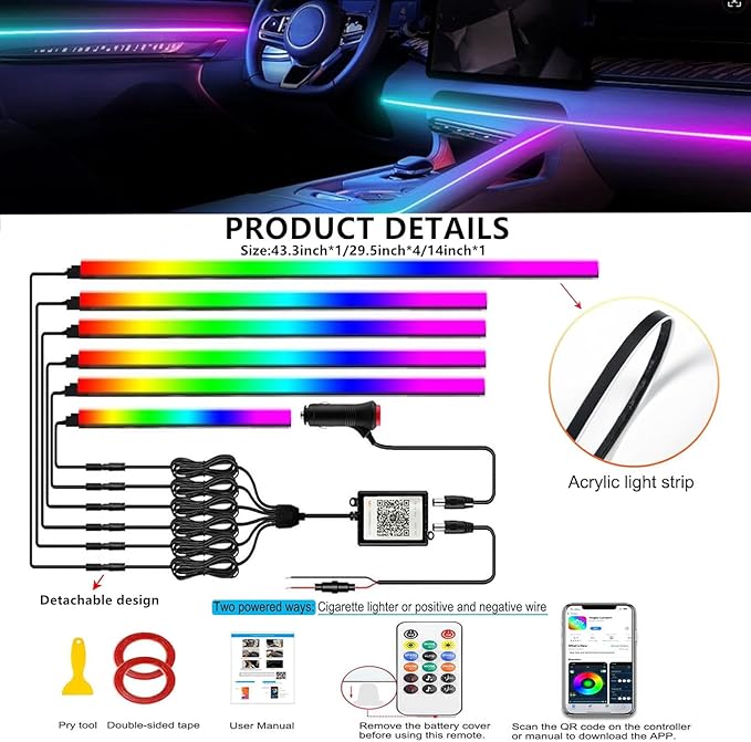 Dreamcolor Acrylic Interior Car LED Strip Light with APP Remote Control, RGB 6 in 1 with 175 inches 593 LEDs Fiber Optic Strip Lights for Car, Dynamic Chasing Music Sync Neon Car Ambient Lighting Kits