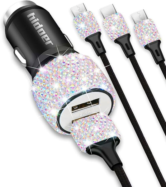 Bling USB Car Charger 5V 2.4A Multicolor Crystal Decor Dual Port Fast Adapter with 4ft Nylon Type C Micro USB 3 in 1 Multi Charging Cable for iPhone iPad Android, Auto Interior Accessories for Women