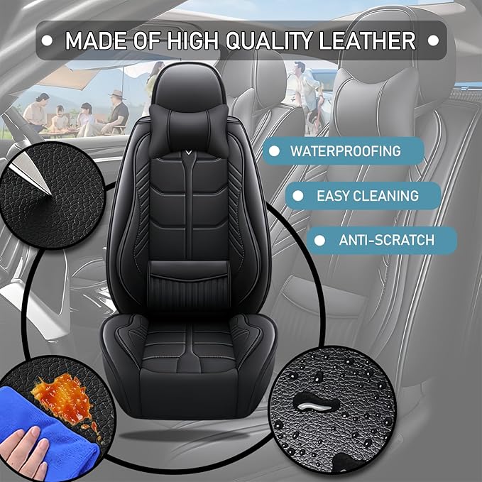 Leather Car Seat Covers Fit for Toyota Matrix 2003-2013, 5 Seater Car Seat Cover, Premium Waterproof, Scratch Resistant Car Interior Accessories (Full Set with Pillow Black)