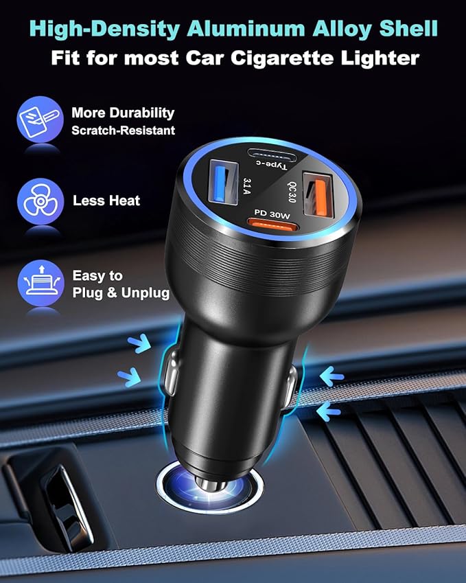 USB C Car Charger 65W, OKRAY 3-Pack 4-Port Type C Fast Car Phone Charger PD30W&QC3.0 Multiport 12v Cigarette Lighter Adapter for iPhone 17 Air 16e 16 15 14 13 12 Pro Max, iPad, Samsung Galaxy S25 S24