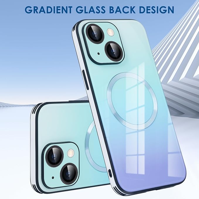 Guppy Compatible with iPhone 15 Case Magnetic, with Full Camera Lens Protector [Compatible with MagSafe] Scratch Resistant Gradient Glass Back Cover Phone Case-Blue