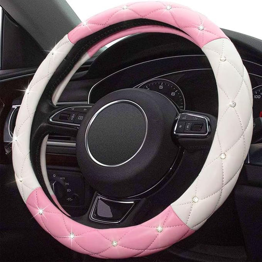 Xizopucy White Pink Steering Wheel Cover, Anti-Slip Steering Wheel Protector with Crystal Rhinestones Microfiber Leather, Steering Wheel Cover for Women and Girl Fit 14.5-15 inch