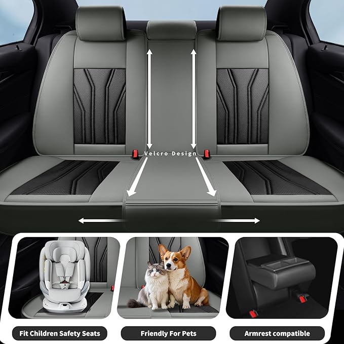 Fit Kona Car Seat Covers for Select Hyundai Kona 2018-2025 2026. Premium Leather, Waterproof， Breathable, Scratch-Resistant & All-Weather Seat Cushion Protector (Full Set, Gray&Black)