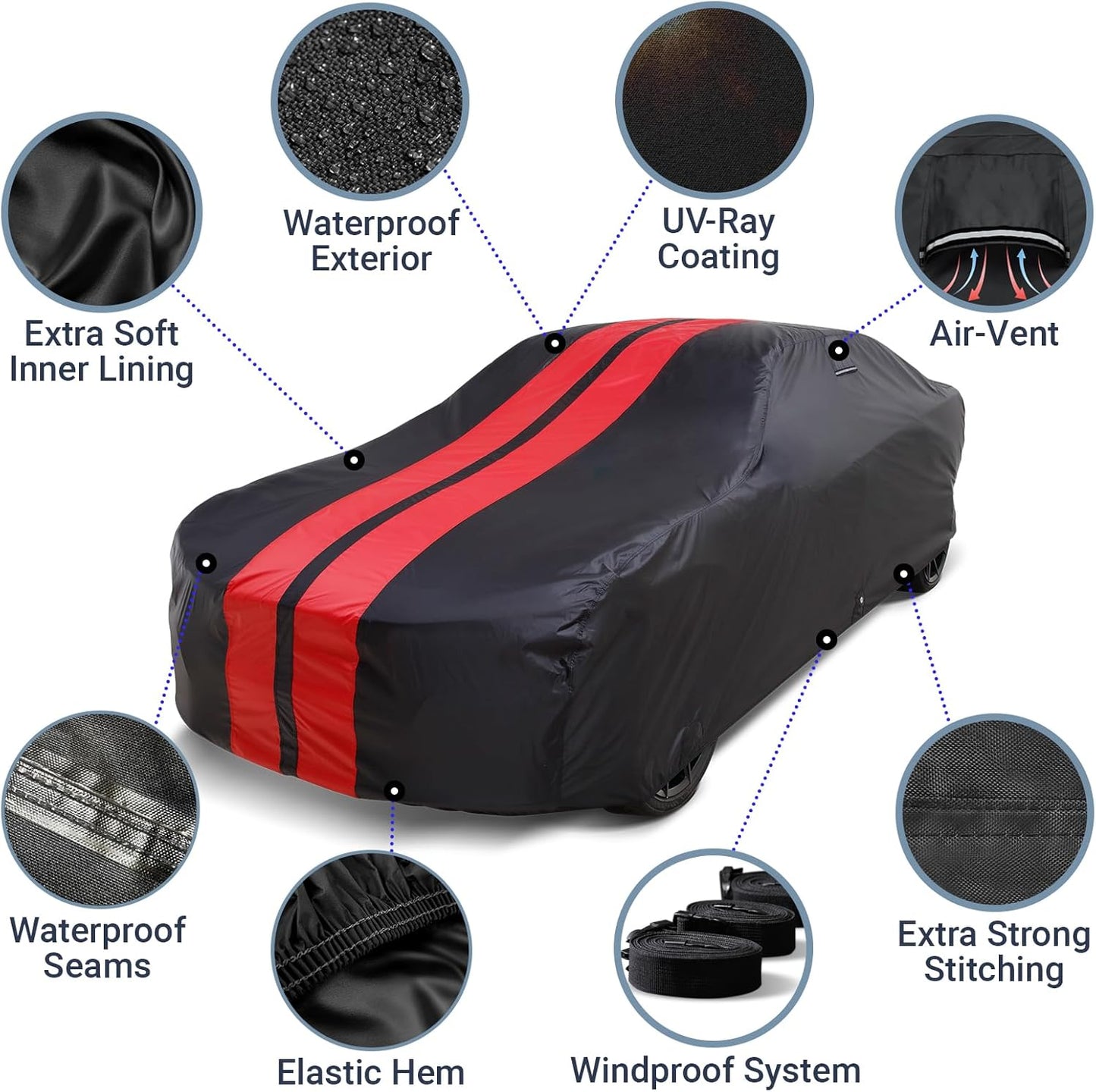 iCarCover Custom Car Cover for Buick Lesabre (1959-1970) Waterproof All-Weather Rain Snow UV Sun Protector Full Exterior Indoor Outdoor Car Cover (Stripe - Black/Red)